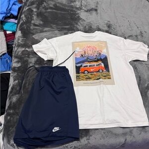 Nike White Graphic T-Shirt and Navy Shorts Set